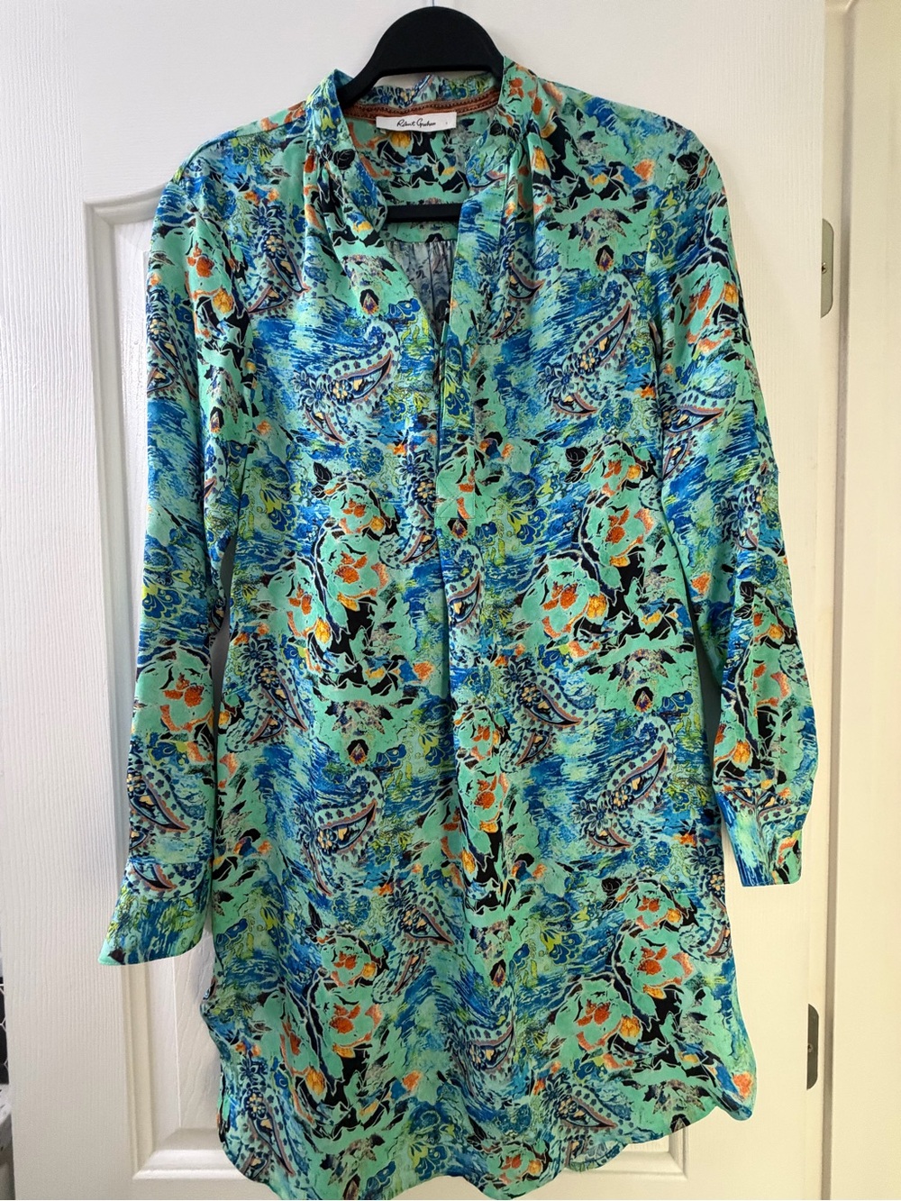 Robert Graham Silk Aqua Floral-Print 3/4 Sleeve Dress Tunic Pockets! NWT